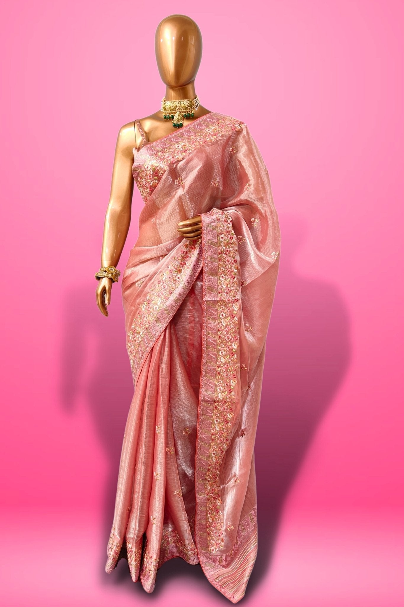 Adorable Look Peach Color Organza Fabric Heavy Work Designer Saree